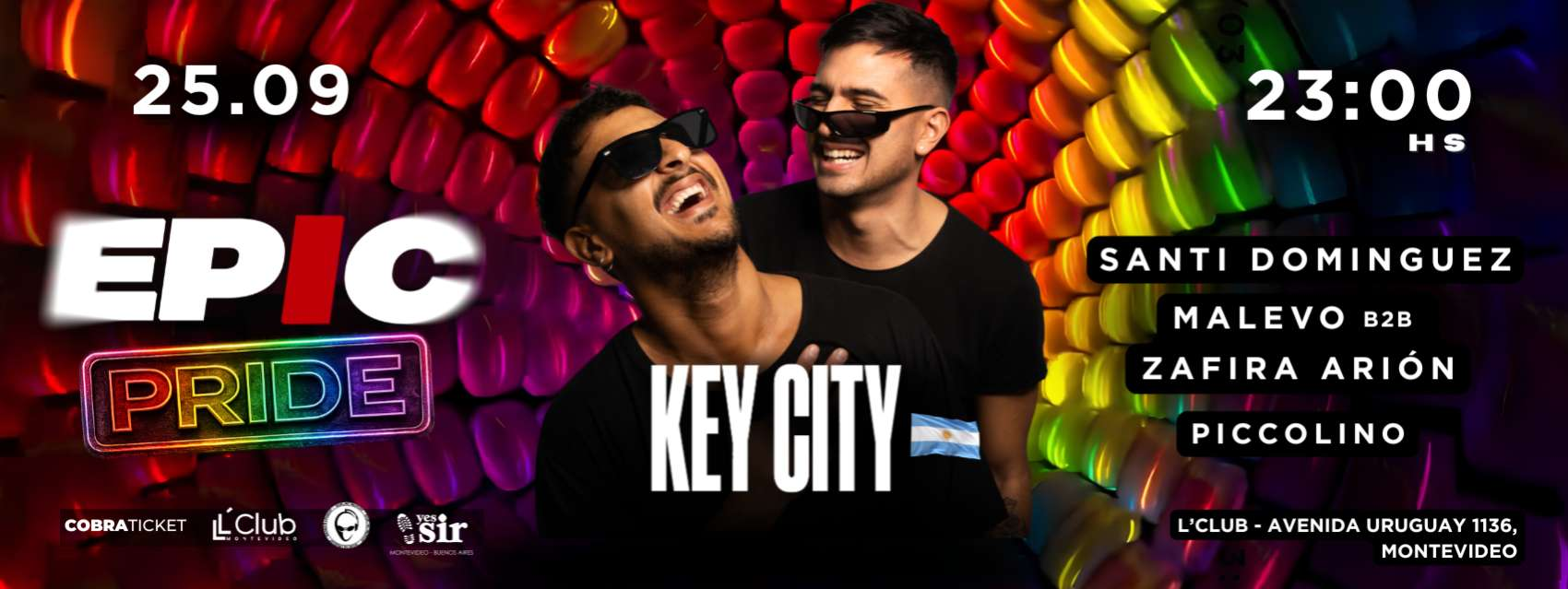 Flyer EPIC Pride: Key City, Santi Domínguez, Malevo B2B Zafira Arión y Piccolino. 25 de septiembre, 23 horas, L'Club Montevideo.
